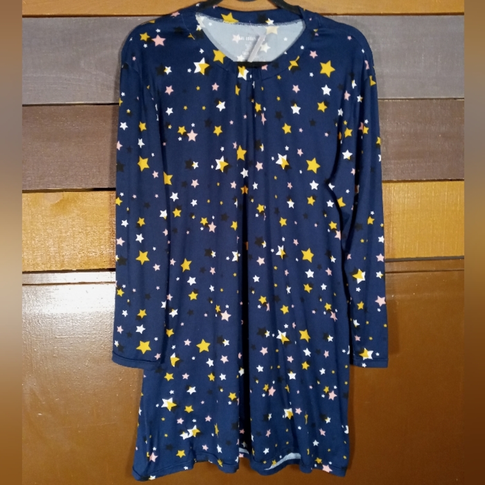 Like New Large Real Essentials Long Sleeve Navy Blue With Stars Nightgown